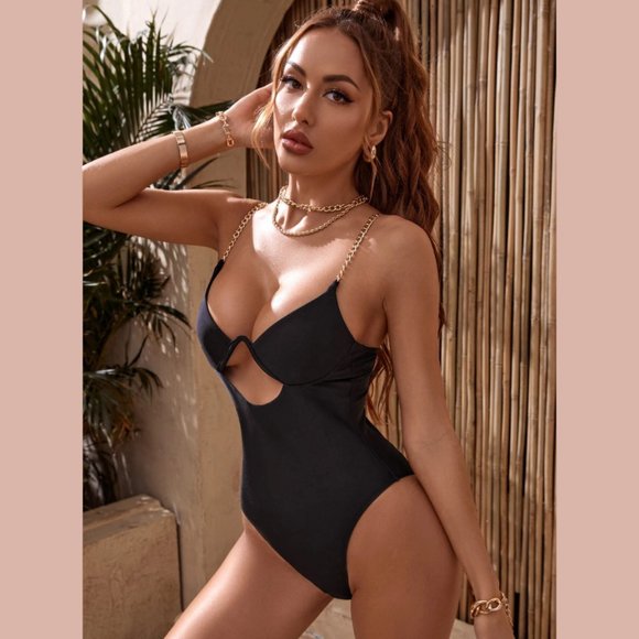 Dainty NYC Other - Chain Detail Swimsuit Monokini Swimsuit Gold Chain Straps Cutout Metallic